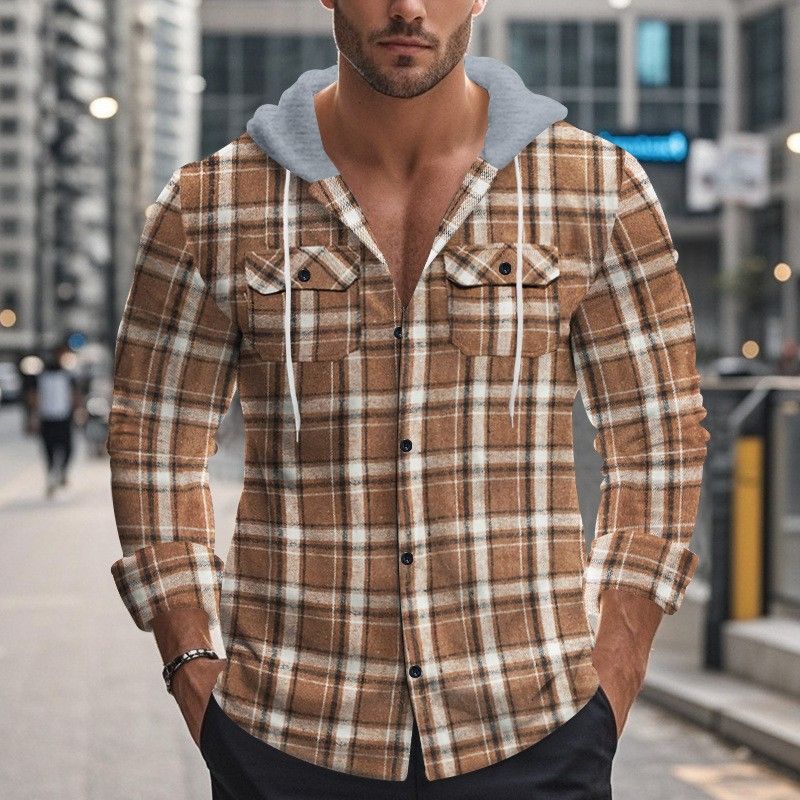 Men's Retro American Flannel Shirt Hooded Jacquard Trendy Casual Plaid Coat Autumn Winter Men's Clothing_viptrois.com