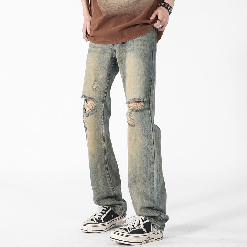 LKTM Men's Wear # American Style Distressed Yellow Mud Blue Ripped Jeans Men's High Street Trendy Brand Loose Casual Be1_viptrois.com