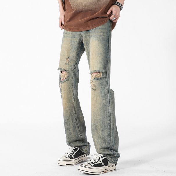 LKTM Men's Wear # American Style Distressed Yellow Mud Blue Ripped Jeans Men's High Street Trendy Brand Loose Casual Be1_viptrois.com