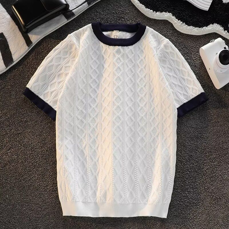 Men's Clothing New Slim Fit Inner T Shirt Men's Handsome Net Red Thin Short Sleeved Knitted Bottoming Shirt Round Neck Color Matching_viptrois.com