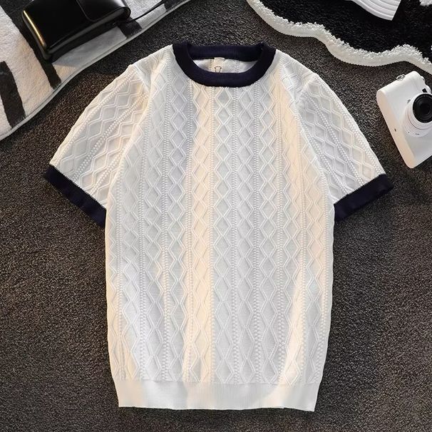 Men's Clothing New Slim Fit Inner T Shirt Men's Handsome Net Red Thin Short Sleeved Knitted Bottoming Shirt Round Neck Color Matching_viptrois.com