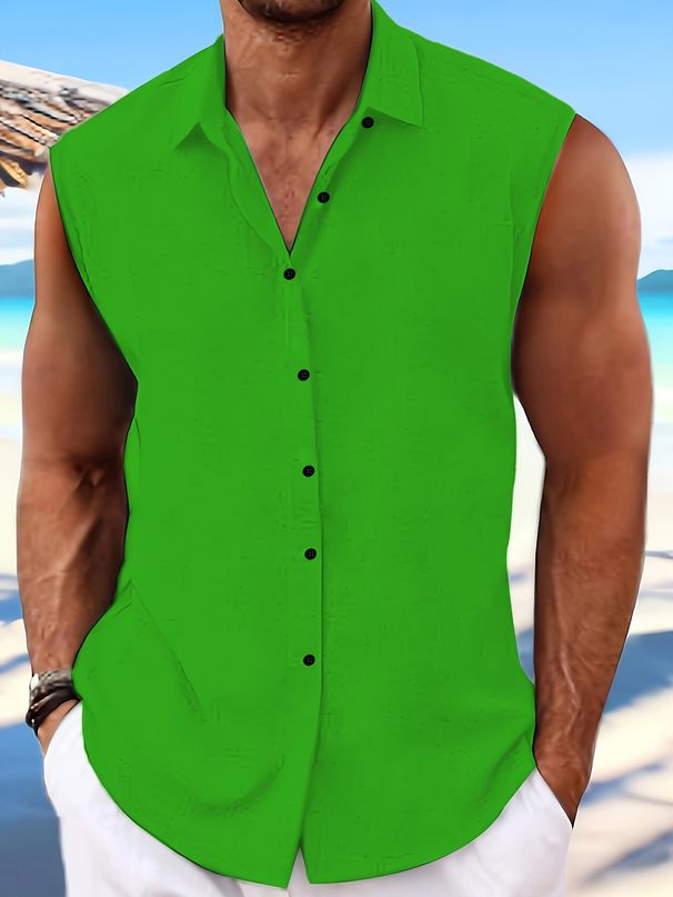 Men's Sleeveless Solid Color Shirt European American Style Collared Beach Cardigan Casual Moisture Wicking Sweat Absorbing Light Short-Sleeved Thin_viptrois.com