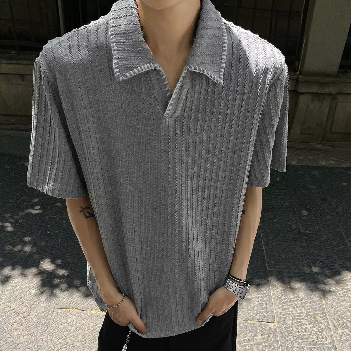 Men's Summer Shirt Short Sleeves Old Money Style Textured Wheat Ear Pattern Retro Knitted Top Breathable Polyester_viptrois.com