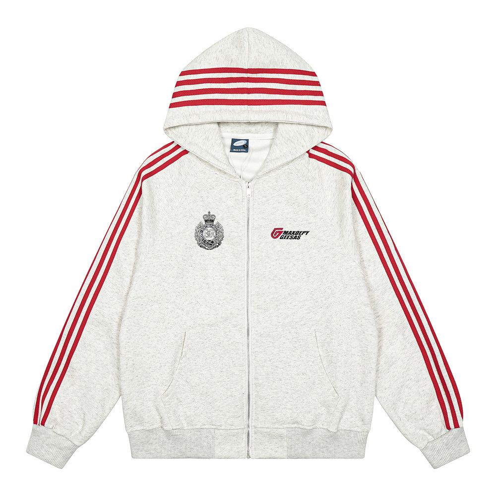 American Style Trendy Brand Striped Patchwork Three-Stripe Hooded Cardigan Sweatshirt Men's Spring And Autumn Sports_viptrois.com