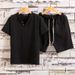 Men's Clothing Short Sleeved Shorts Suit Cotton And Linen Solid Color T Shirt Two Piece Suit_viptrois.com