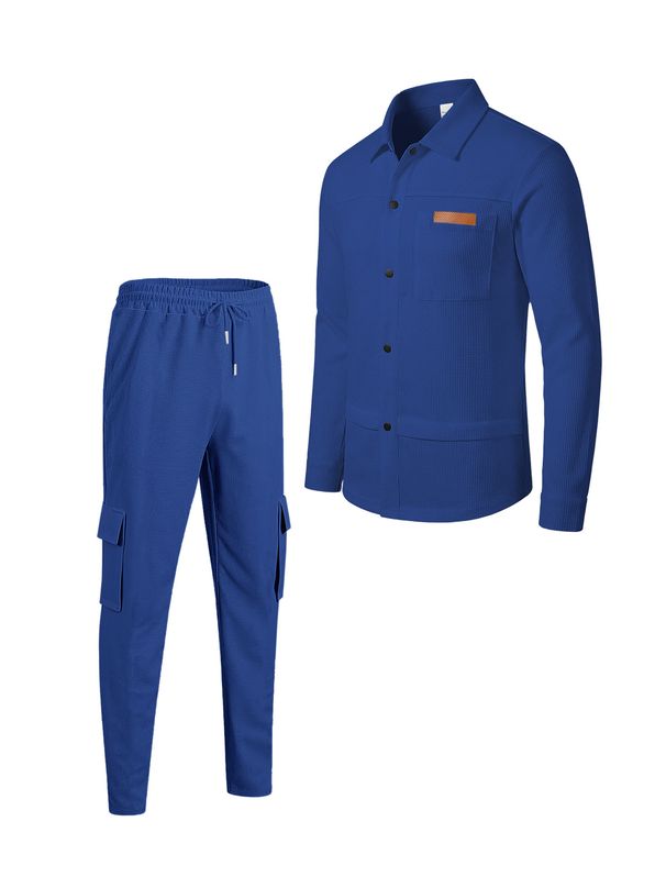 Men's Waffle-Knit Workwear Set - Solid Color Button-Up Shirt Jacket With Utility Pants, Casual Lounge & Streetwear Outfit_viptrois.com