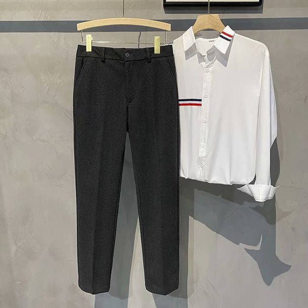 Men's Korean Style Woolen Trousers Autumn Winter Straight Leg Thick Cropped Elastic Waist Casual Trendy Bottoms_viptrois.com