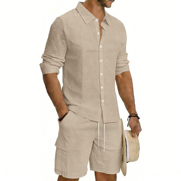 Men's Clothing Men's Style Linen Suit Casual Loose Breathable Long Sleeved Shirt Workwear Beach Shorts Set For Formal & Casual_viptrois.com