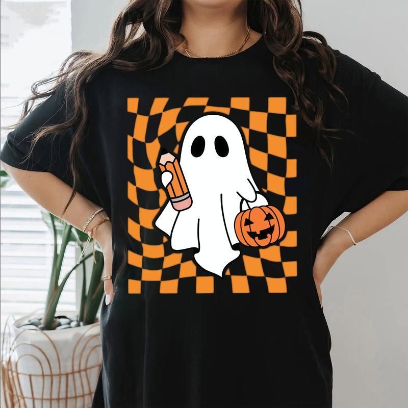 Boo, Maestro Boo Cuadros, Maestro, Vintage A Cuadros Vibra Espeluznante Lindo, Camiseta Otoño Halloween, Ropa Casual_viptrois.com