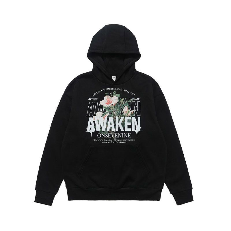American High Street Style Floral Gray Letter Print Fleece-lined Autumn And Winter Hooded Sweatshirt, Trendy_viptrois.com