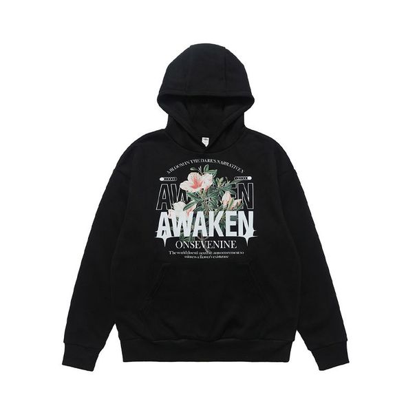 American High Street Style Floral Gray Letter Print Fleece-lined Autumn And Winter Hooded Sweatshirt, Trendy_viptrois.com