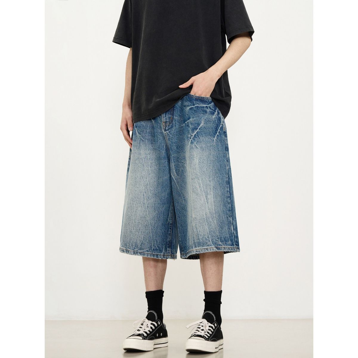Retro Washed Lightning Pattern Denim Shorts American Street Style Straight Cut Casual Summer Overalls For Men And Women_viptrois.com