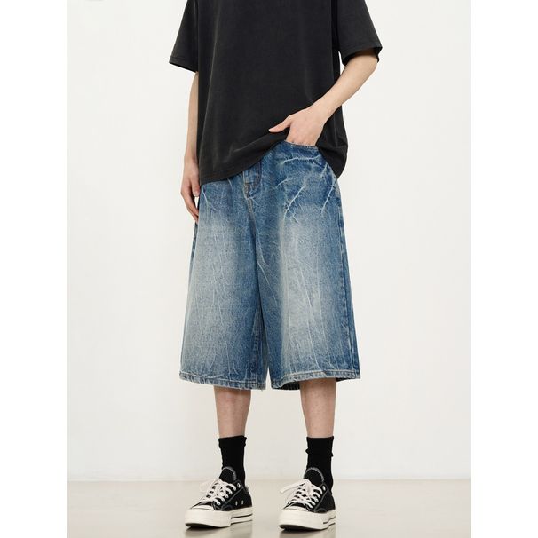 Retro Washed Lightning Pattern Denim Shorts American Street Style Straight Cut Casual Summer Overalls For Men And Women_viptrois.com