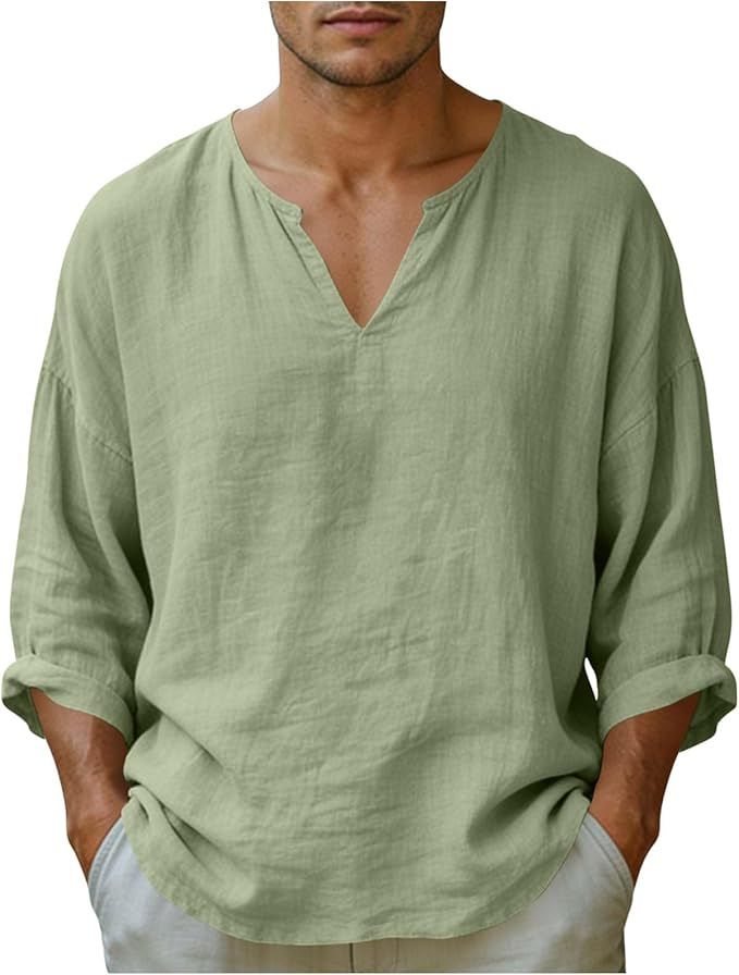 Linen Men's Casual Top Long Sleeved Loose V Neck Old Fashioned T Shirt_viptrois.com
