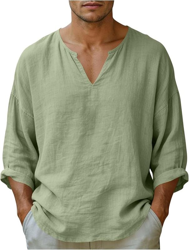 Linen Men's Casual Top Long Sleeved Loose V Neck Old Fashioned T Shirt_viptrois.com
