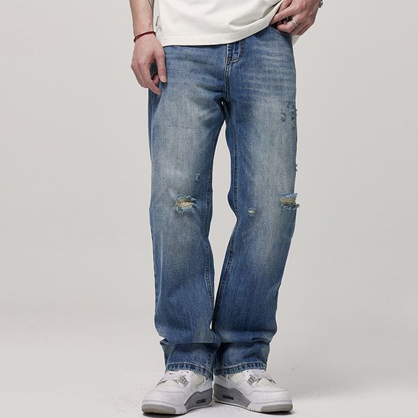 Washed Ripped Jeans For Men American Street Style Vibe Straight Loose Fit Frayed Versatile Long Pants_viptrois.com