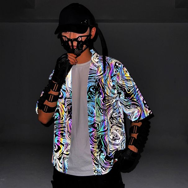 Men's Clothing Colorful Reflective Cardigan Robe Loose Kimono Jacket With Five Point Sleeves_viptrois.com