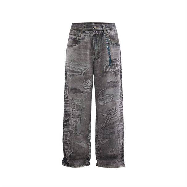 Post-apocalyptic Distressed 3D Digital Print Jeans For Men, Niche Heavy-duty Washed Wide-leg Loose Straight Pants_viptrois.com