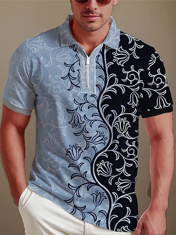 Men's Clothing Summer Fashion Trend Printed Pattern Comfortable Simple Breathable Short Sleeved Zipper Polo Shirt_viptrois.com