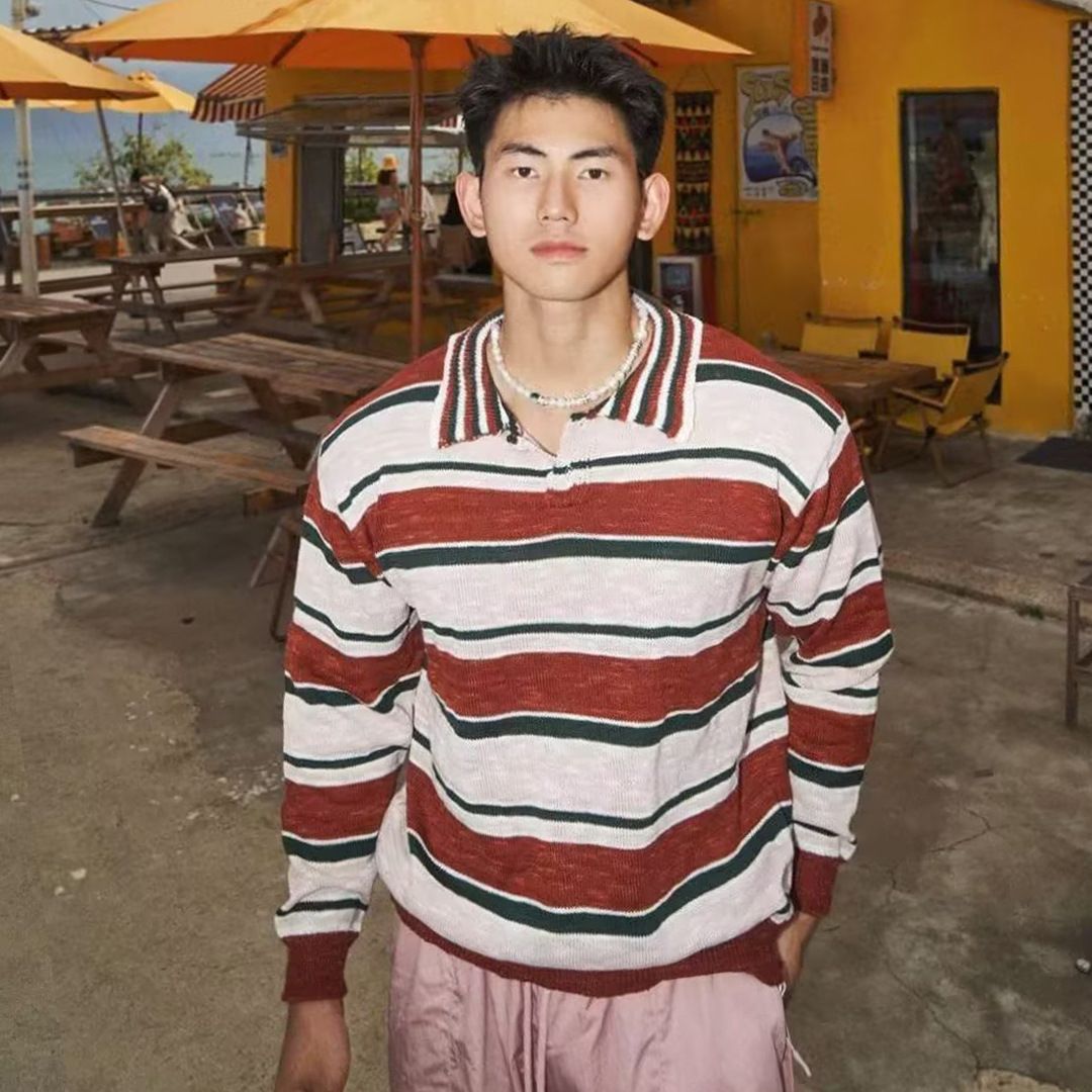 New Long Sleeved Knitted Sweater For Men, Retro Striped Contrasting Collar_viptrois.com