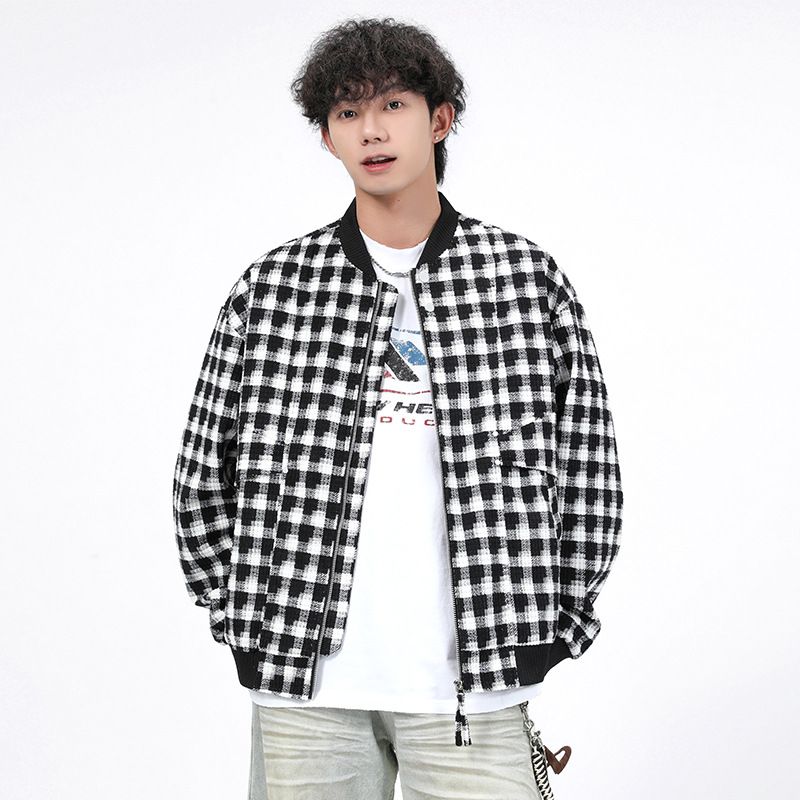 Men's Spring And Autumn New Checkered Jacket, Workwear Jacket, Trendy Baseball Jacket, Versatile Stand Up Collar Top_viptrois.com