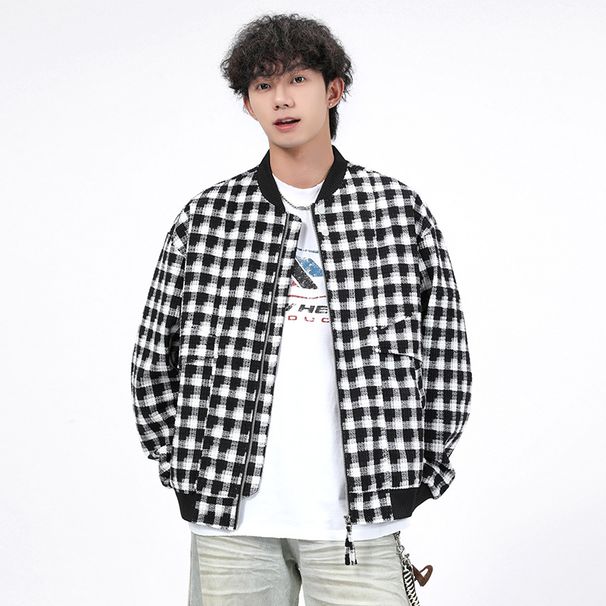 Men's Spring And Autumn New Checkered Jacket, Workwear Jacket, Trendy Baseball Jacket, Versatile Stand Up Collar Top_viptrois.com