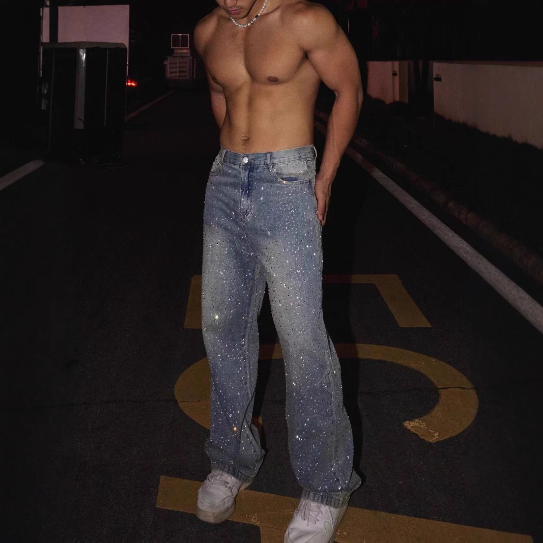 Men's Clothing New High Street Staple Full Diamond Jeans Men's Niche Flash Diamond Retro Straight Trousers_viptrois.com