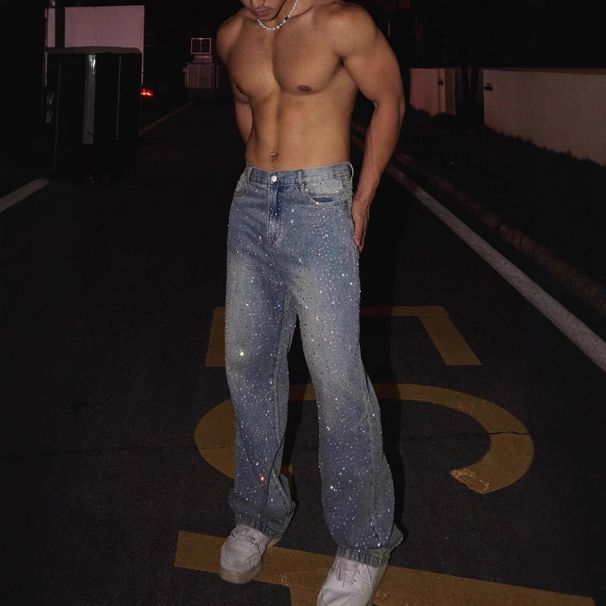 Men's Clothing New High Street Staple Full Diamond Jeans Men's Niche Flash Diamond Retro Straight Trousers_viptrois.com