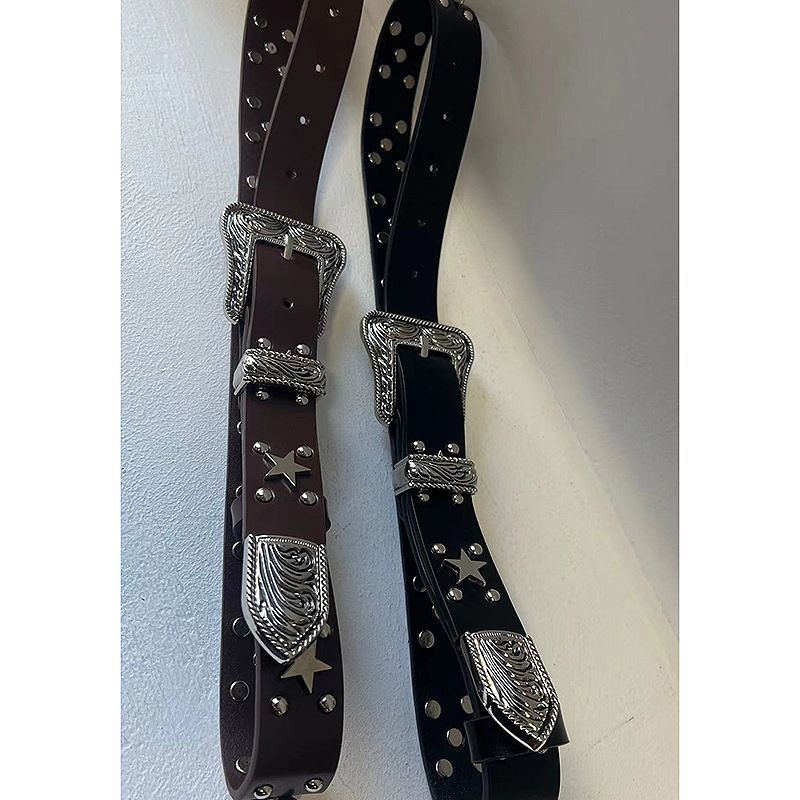 Punk girl three-dimensional five-pointed star rivet millennium y2k retro hot girl concave shape versatile leather belt belt_viptrois.com