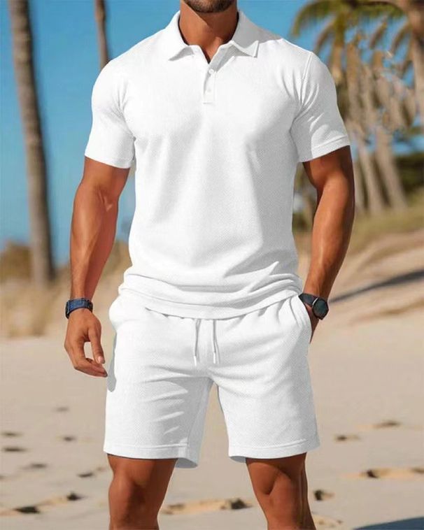 Men's Clothing Men's New Solid Color Lapel Short Sleeved T Shirt Shorts Casual Suit_viptrois.com