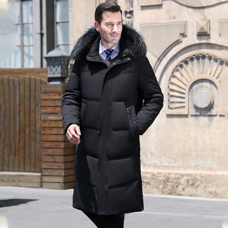Men’s Long Down Coat With Fur Collar – Knee-Length, 95% White Duck Down, Machine Washable (Black/Blue/Gray)_viptrois.com