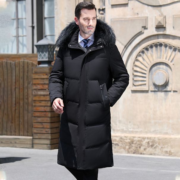 Men’s Long Down Coat With Fur Collar – Knee-Length, 95% White Duck Down, Machine Washable (Black/Blue/Gray)_viptrois.com