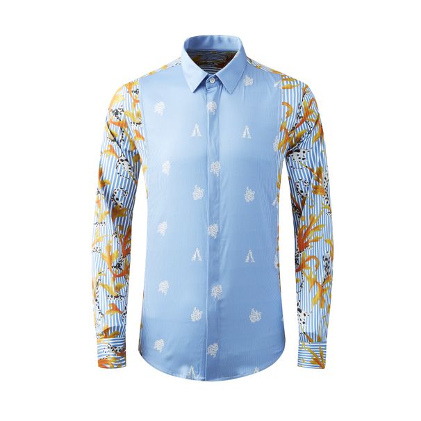 Men's Slim Fit Casual Shirt - Blue Striped Cotton Blend Patchwork Design, Comfortable & Stylish For Everyday Wear_viptrois.com