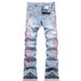Men's Flared Jeans Retro 70s Style High Waist Wide Leg Denim Pants With Embroidered Plum Blossom Design - Light Blue_viptrois.com