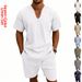 Men's Casual Loose Linen Shorts Set V Neck Short Sleeved Summer Vacation Wear 7 Solid Colors Available_viptrois.com
