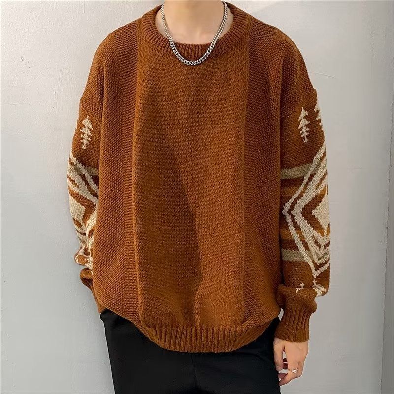 Retro Ethnic Style Thick Sweater Men's Round Neck Knitted Sweater Pullover Base Line Sweater_viptrois.com