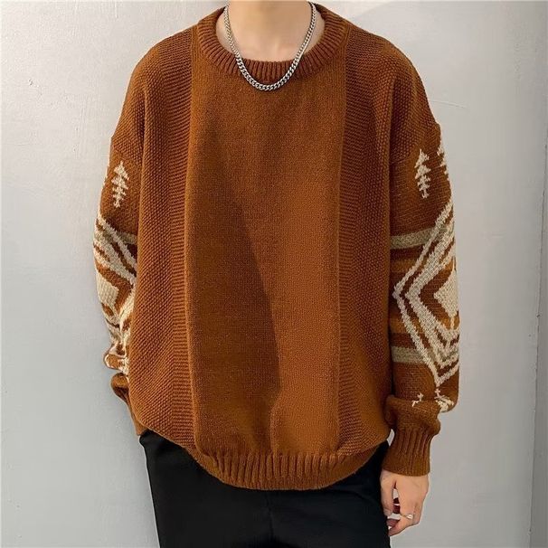 Retro Ethnic Style Thick Sweater Men's Round Neck Knitted Sweater Pullover Base Line Sweater_viptrois.com