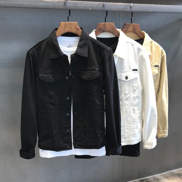 Men's Slim Fit White Denim Jacket - Stylish Casual Workwear Coat With Stand Collar For Spring & Autumn_viptrois.com