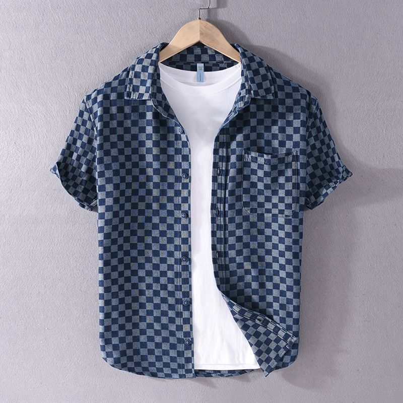 Summer men's fashion plaid short-sleeved denim shirt comfortable youth handsome casual all-match cotton shirt 8859_viptrois.com