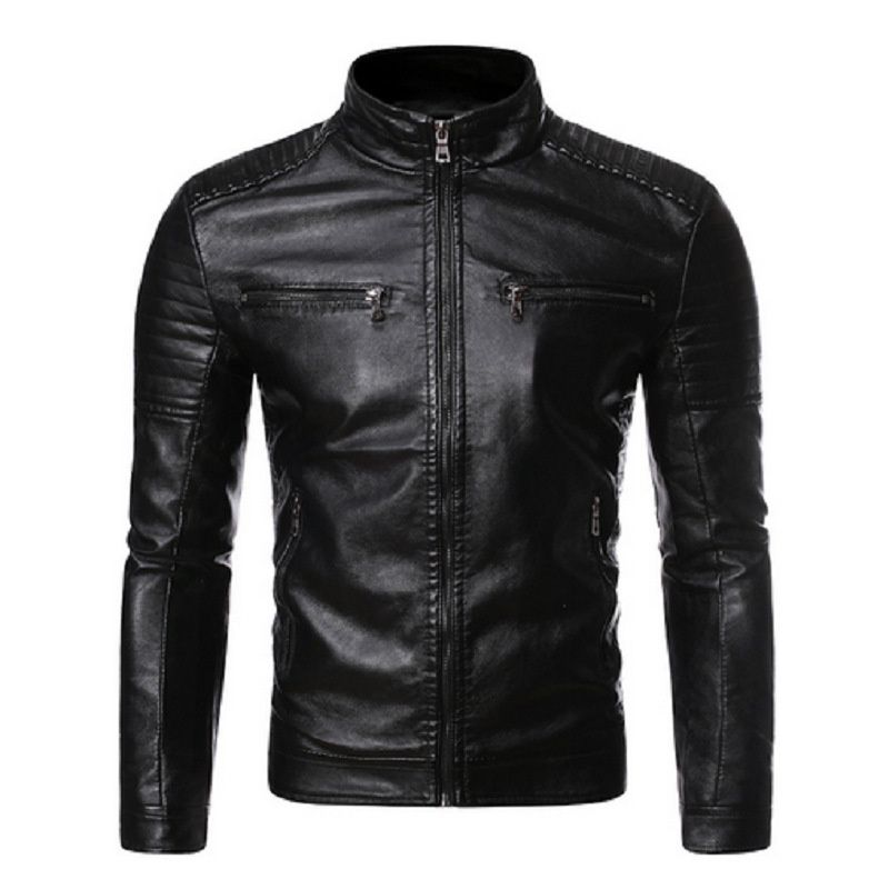Loom Men Autumn Winter European And American Casual Stand Collar Motorcycle Men's Leather Jacket_viptrois.com