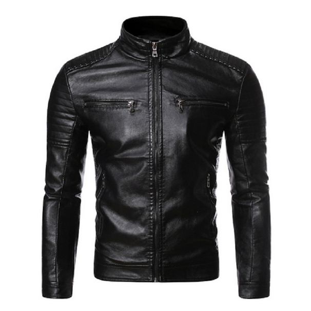 Loom Men Autumn Winter European And American Casual Stand Collar Motorcycle Men's Leather Jacket_viptrois.com
