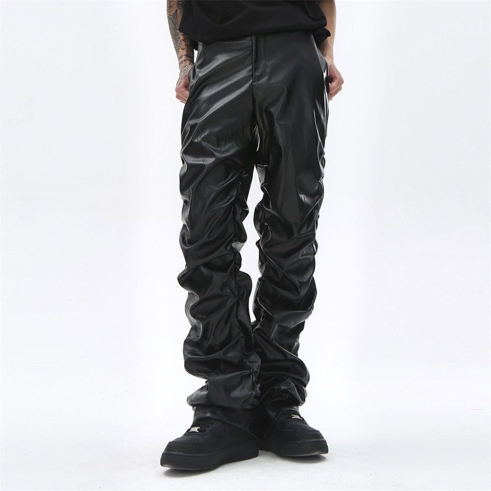 Men's Clothing Dark Punk Niche Design Glossy Pleated Pu Leather Pants For Men Ins National Fashion Hip Hop Loose Casual Trousers_viptrois.com