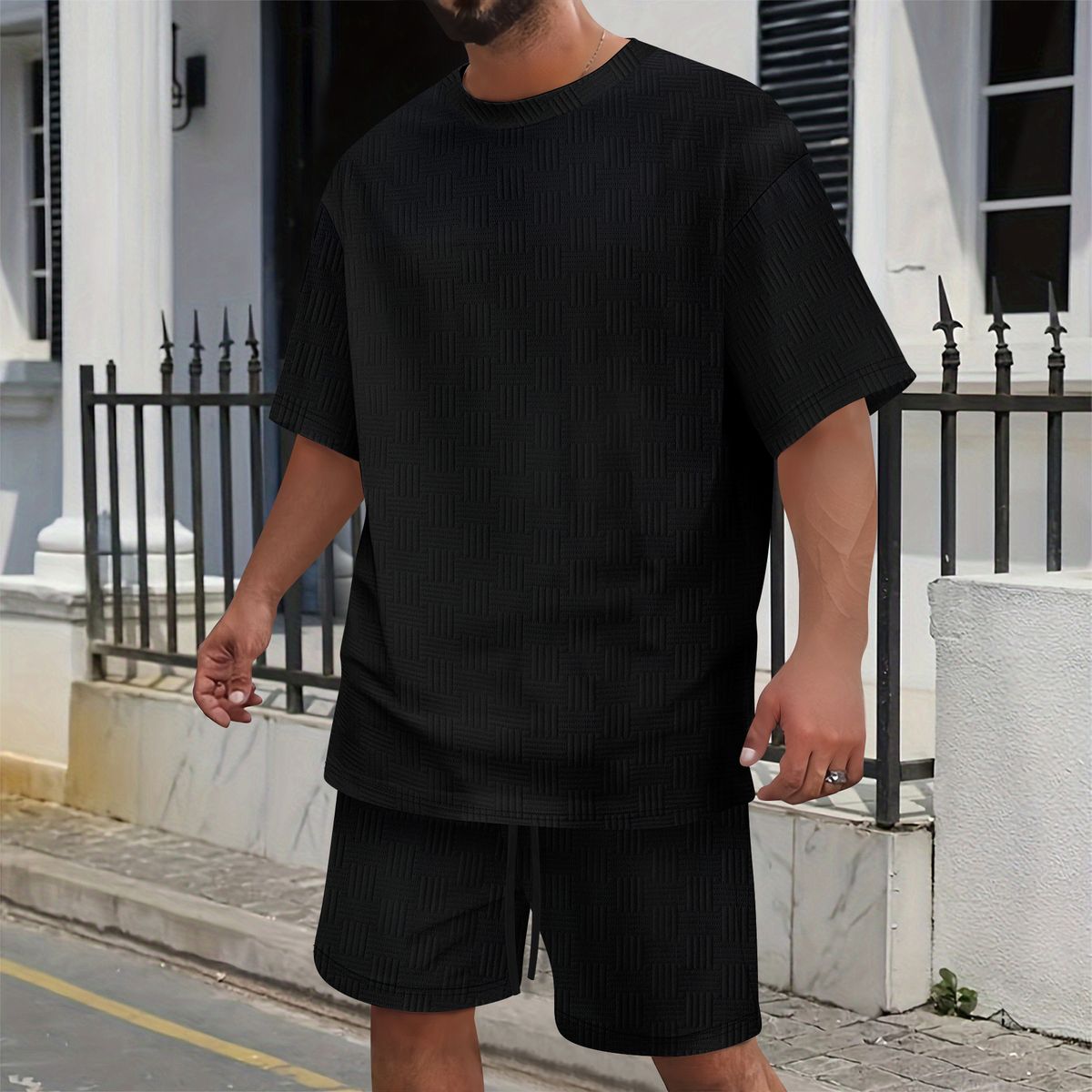Men's Waffle-Knit Short Sleeve T-Shirt & Shorts Set - Lapel Collar With Zipper Detail, Solid Color Casual Suit_viptrois.com