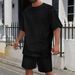 Men's Waffle-Knit Short Sleeve T-Shirt & Shorts Set - Lapel Collar With Zipper Detail, Solid Color Casual Suit_viptrois.com