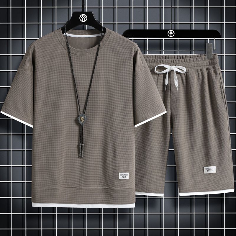 2025 Summer Waffle Men's Short Sleeved T Shirt Shorts Fashion Suit Men's Casual Sports T Shirt_viptrois.com