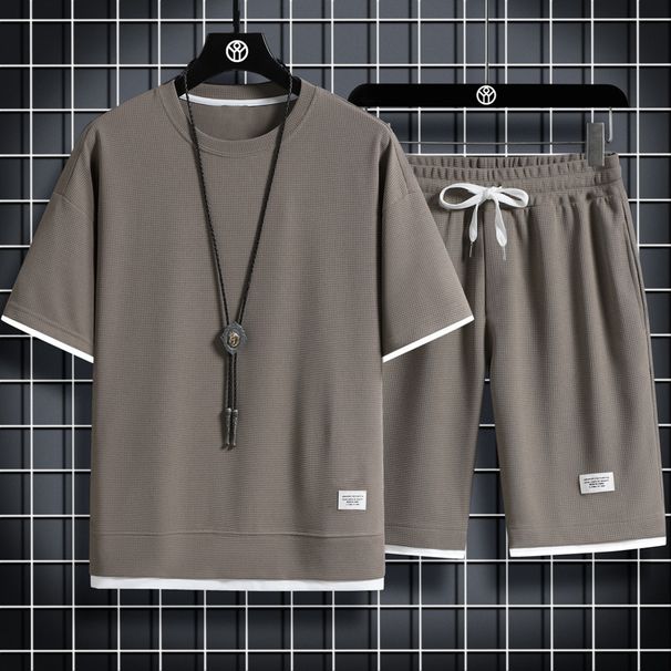 2025 Summer Waffle Men's Short Sleeved T Shirt Shorts Fashion Suit Men's Casual Sports T Shirt_viptrois.com