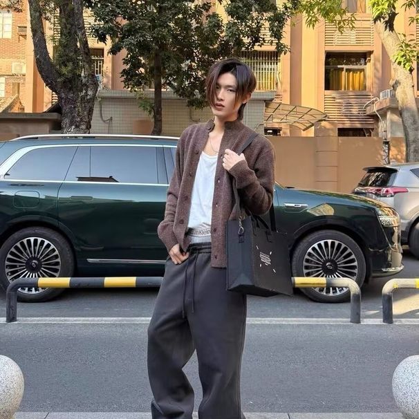 Loom Loom Autumn Wint European Amican College Style Round Neck Cardigan Men High-end Wool Blend Thick Knit Loose Knitted_viptrois.com