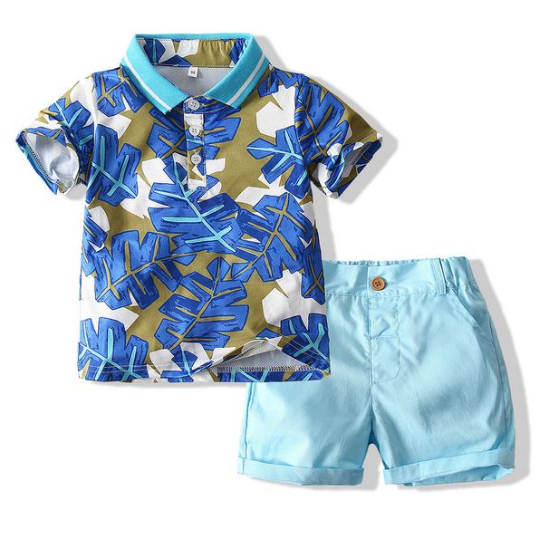 Mother & Kids manufacturers foreign trade children's clothing 2024 summer new boys tropical leaf print polo shirt casual pants suit_viptrois.com