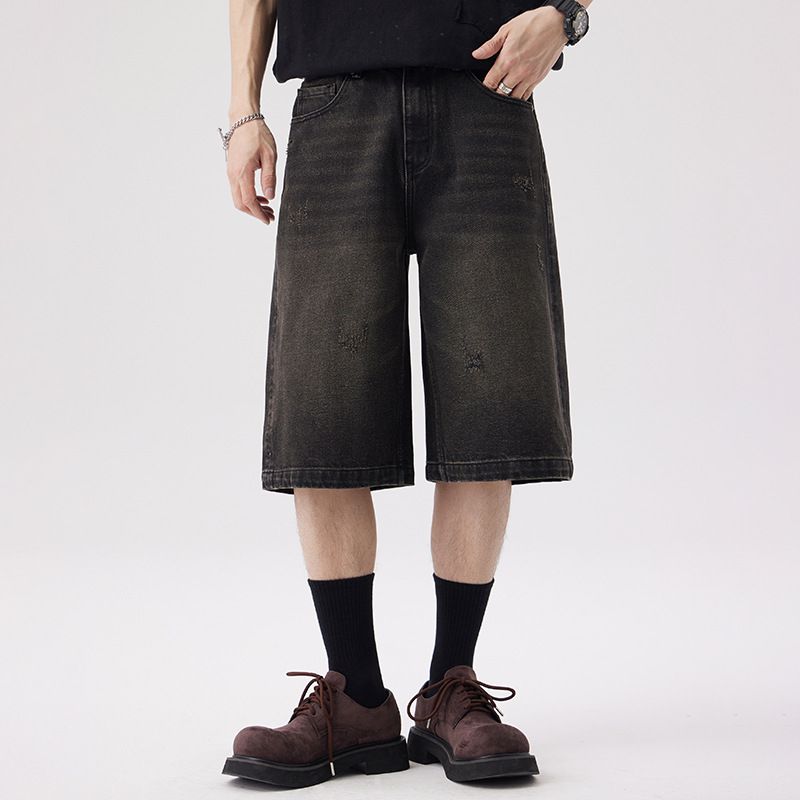Men's Clothing Retro Trend 7 Point Jeans Summer New Loose Street Fashion Handsome Ripped Shorts_viptrois.com