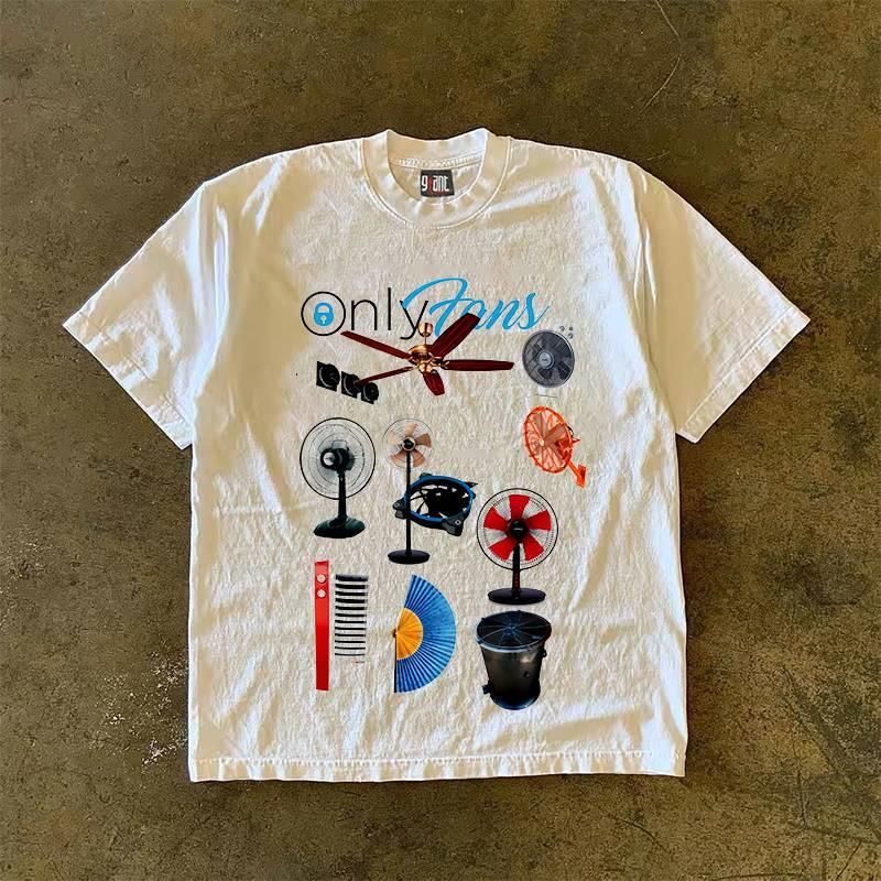Men's Heavyweight Pure Cotton T-Shirt Cool Summer Fan Print Retro Lazy Style Short Sleeve Loose Fit for plus Size_viptrois.com